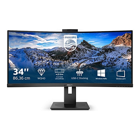 Ein gebogener Philips-Monitor, mit 34 Zoll und einer Berglandschaft als Hintergrundbild. Weitere Merkmale sind WQHD, USB-C Docking und Webcam.