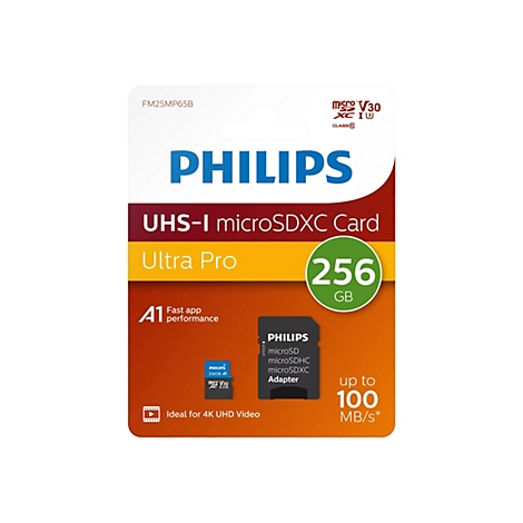 Verpackung einer Philips microSDXC-Karte mit 256 GB SpeicherkapazitÃ¤t. Aufschrift: Ultra Pro. Das Produkt ist fÃ¼r 4K-UHD-Video ideal.