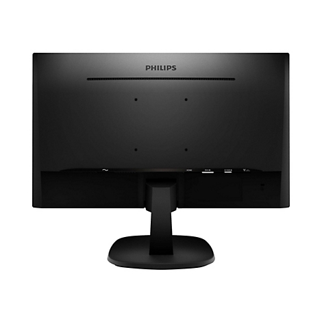 Die Rückseite eines schwarzen Philips-Monitors mit Philips-Logo, Anschlüssen und Standfuß.