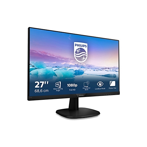 Ein schwarzer Philips-Monitor, 27 Zoll, mit IPS, Full HD und schmalem Rahmen. Auf dem Bildschirm Eisberge und Logo.