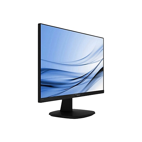 Ein schwarzer Monitor mit blauem Bildschirm vor weißem Hintergrund. Der Bildschirm hat das Philips-Logo.
