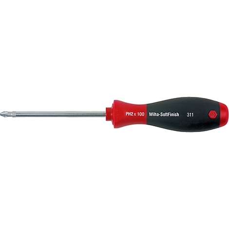 A screwdriver whose handle is red and black lies horizontally.