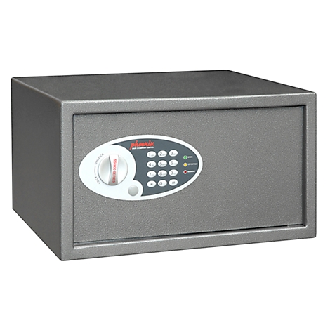 Grauer Tresor mit Zahlencode-Tastenfeld, Drehknopf und Logo.