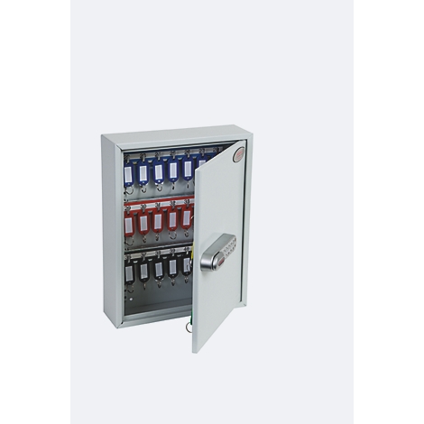 Geöffneter grauer Schlüsselschrank mit elektronischem Zahlenschloss und farbigen Schlüsselanhängern.