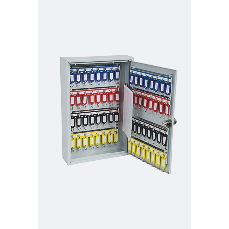 Geöffneter grauer Schlüsselschrank mit vielen bunten Schlüsselanhängern an Haken.