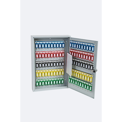 Geöffneter grauer Schlüsselschrank mit vielen bunten Schlüsselanhängern.