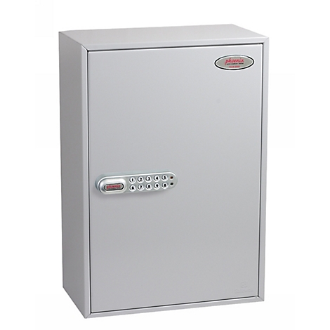 Grauer Phoenix Schlüsseltresor mit elektronischem Tastenfeld auf weißem Hintergrund.