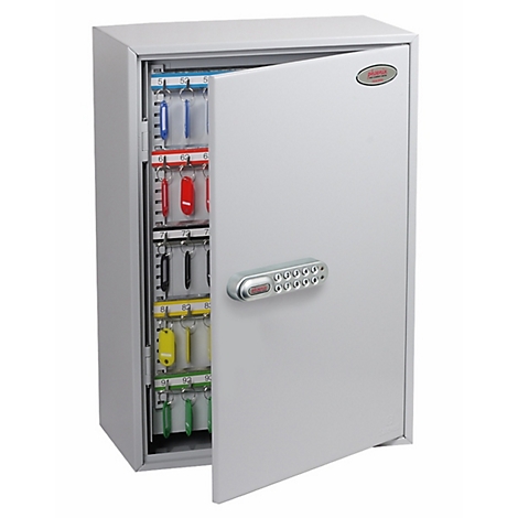 Grauer Schlüsselschrank mit elektronischem Zahlenschloss, halb geöffnet, mit farbigen Schlüsselanhängern.
