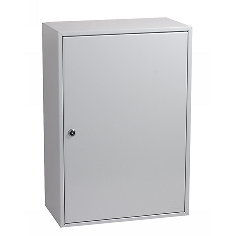Ein grauer, rechteckiger Wandschrank aus Metall mit einem kleinen, mittig links angebrachten Schloss.
