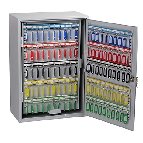 Ein grauer Schlüsselschrank mit offener Tür, bestückt mit zahlreichen bunten Schlüsselanhängern.