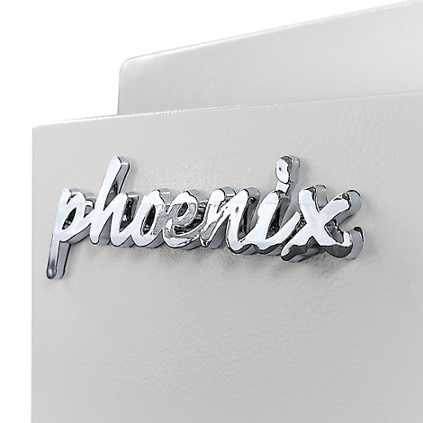 Silberner, kursiver Schriftzug Phoenix auf einer hellgrauen Oberfläche.
