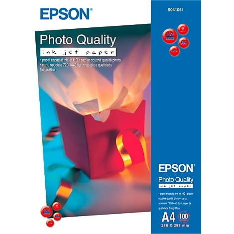 Epson photo paper packaging. Red box with ribbon and tissue paper. Blue side with product description, text: Photo Quality.