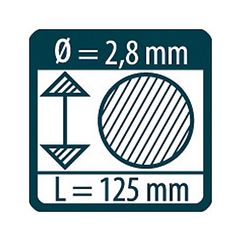Infographic with specifications: Diameter 2.8 mm, Length 125 mm.