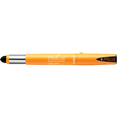 An orange pen with black tip, the brand "Pica-Gel" is printed on it.