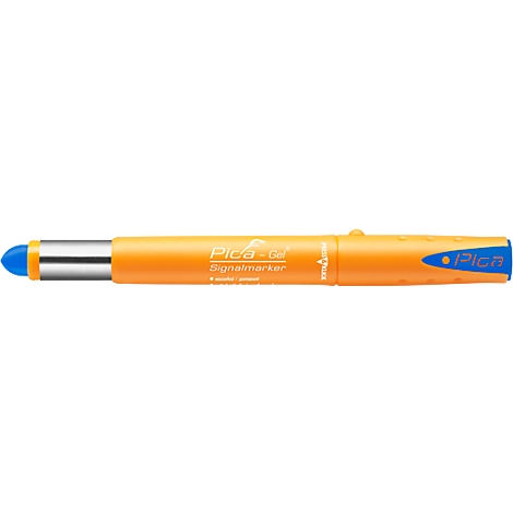 Orange pen with blue tip. "Pica-gel" is written on the pen.