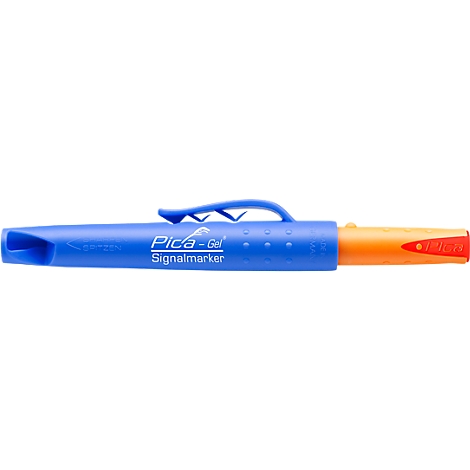 A blue Pica-Gel signal marker with orange tip and clip.