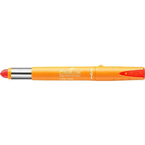 An orange pen with a red tip. The pen says "Pfera-Gel".