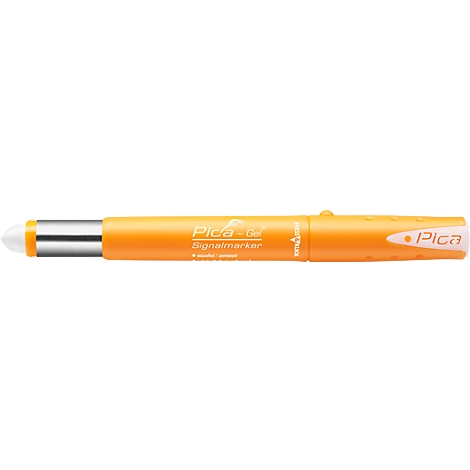 Orange pen with white tip and 'Pica-dry' and 'Signaturmarker' lettering.