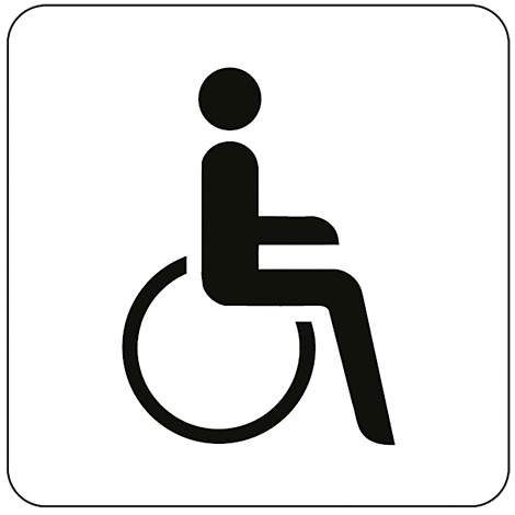 Black wheelchair symbol on a white square background.