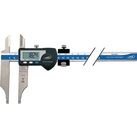 Caliper numérique affichant 18,24. Règle bleue et blanche. Élément de commande noir avec affichage numérique.