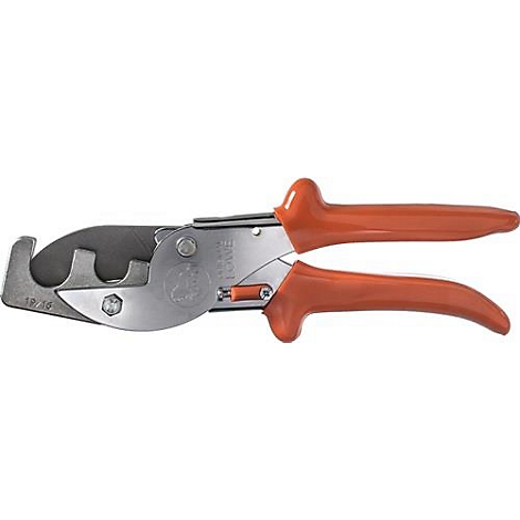 Pijpsnijder met oranje handgrepen. Het gereedschap is gedeeltelijk geopend.