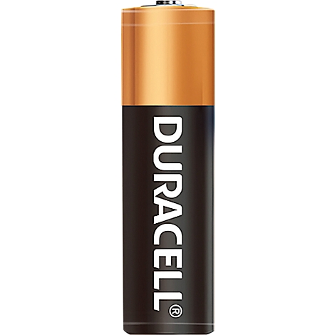 Une pile Duracell, tête brun-or, corps noir avec lettrage blanc "Duracell".