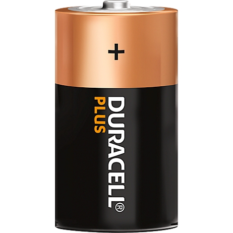 Pile Duracell Plus en noir et cuivre avec pôle positif vers le haut.