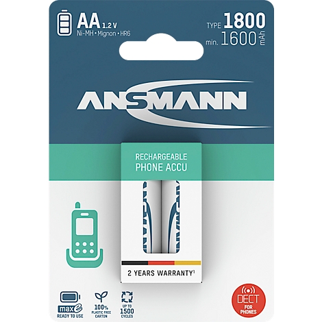 Emballage contenant deux piles rechargeables AA, annoncées comme "Phone Accu". Inscription : ANSMANN, garantie 2 ans.
