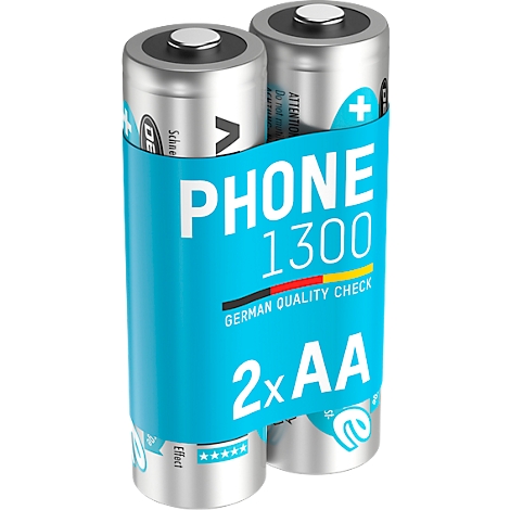 Deux piles AA dans un emballage bleu clair, avec l'inscription 'PHONE 1300, German Quality Check, 2xAA'.