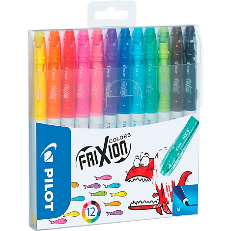 Packung mit 12 bunten Frixion-Stiften. Die Farben sind gelb, orange, rot, pink, lila, blau, türkis, grün, braun und schwarz. Aufdruck „Frixion Colors“.