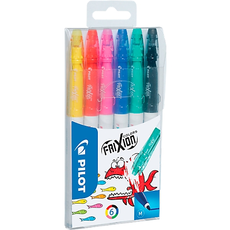 Packung mit sechs farbigen Stiften. Gelb, orange, pink, blau, grün und schwarz. Aufschrift: "FriXion Colors".