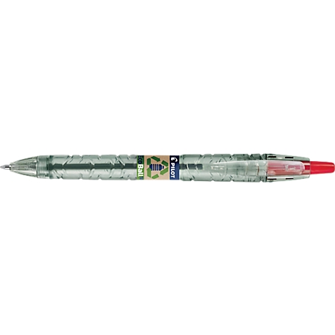 Un stylo à bille transparent avec des détails verts, une pointe rouge et une bande en papier recyclé.
