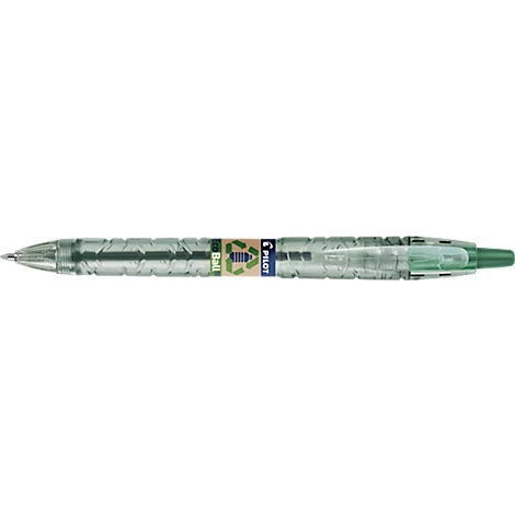 Un stylo à bille vert, partiellement transparent, avec un symbole de recyclage et le nom de la marque PILOT.