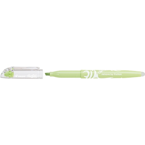 Ein hellgrüner Pilot Frixion Light Textmarker mit abgenommener transparenter Kappe vor weißem Hintergrund.