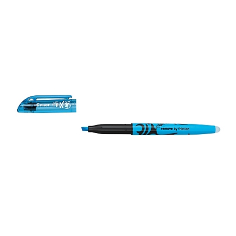 Ein blauer Pilot Frixion Textmarker mit abgenommener Kappe vor weißem Hintergrund.