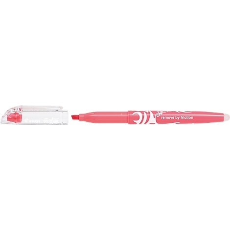 Ein rosafarbener Textmarker mit abgenommener, transparenter Kappe. Auf dem Gehäuse steht 'remove by friction'.