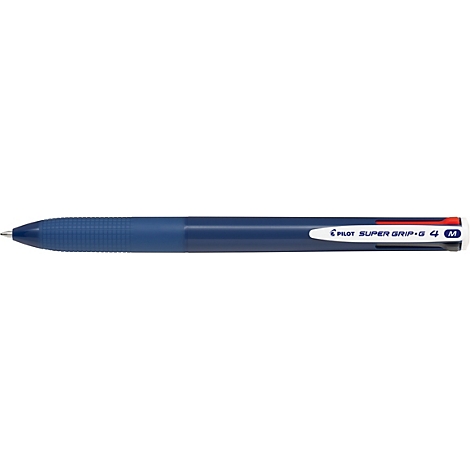 Blauer Pilot Super Grip G 4 Mehrfarbkugelschreiber mit geriffeltem Griffstück vor weißem Hintergrund.