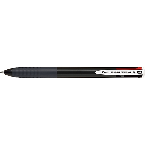 Schwarzer Pilot Super Grip G 4 Mehrfarbkugelschreiber mit geriffelter Griffzone.