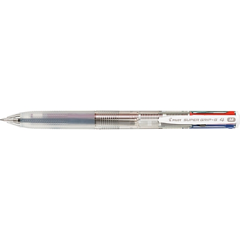 Ein transparenter Pilot Super Grip-G 4 Mehrfarben-Kugelschreiber liegt horizontal vor weißem Hintergrund.