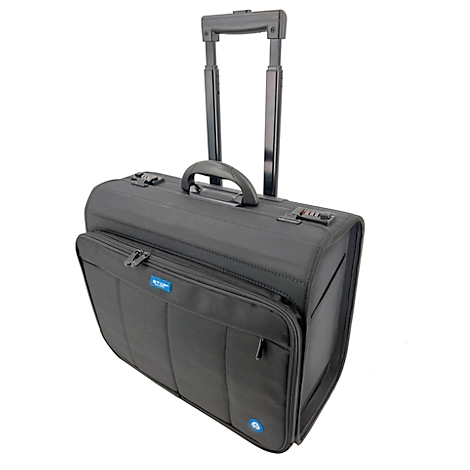 Schwarze Trolley-Tasche mit ausziehbarem Griff. Hat ein Vorfach, sowie ein Zahlenschloss.