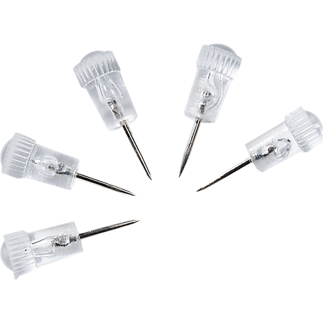 Five transparent push pins, partly in the light, arranged on a white background. The needles point in different directions.