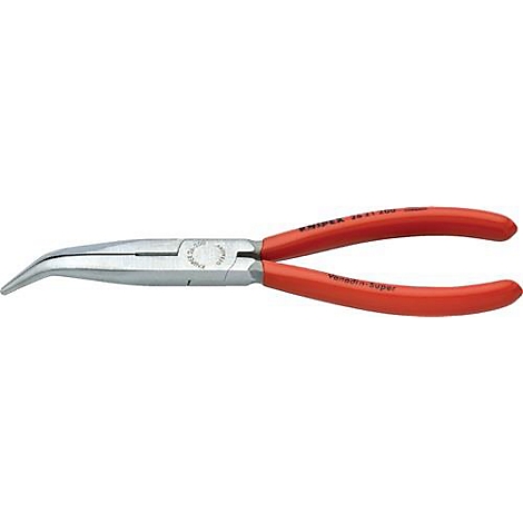 Pince à pointe incurvée et poignées rouges. L'outil porte la mention "KNIPEX".
