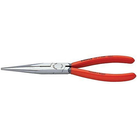 Pince à bec effilé Knipex, pince argentée avec poignées rouges, nom du produit visible.