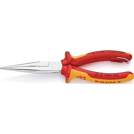 Une pince à bec avec des poignées rouges et jaunes. Sur la poignée, il est écrit 'KNIPEX'.