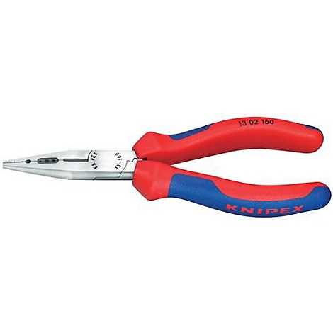 Pince combinée avec poignées rouges et bleues. Inscription : KNIPEX, 13 02 160. Détails : 12-160.