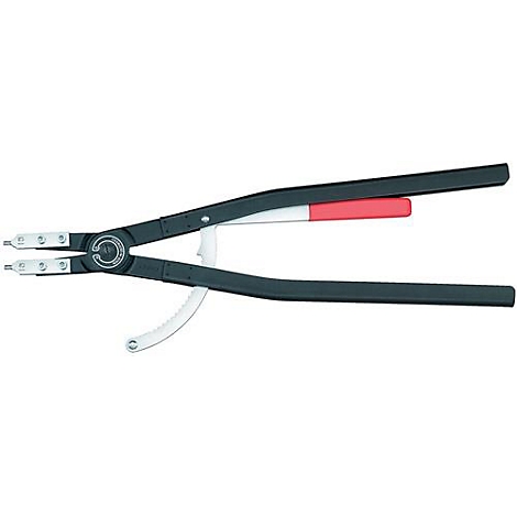 Outil, une pince pour enlever les circlips. Poignées noires, partie centrale rouge et pointes métalliques.