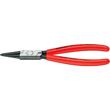 Pince rouge avec mâchoires noires. La poignée porte l'inscription KNIPEX. L'outil repose sur un fond blanc.