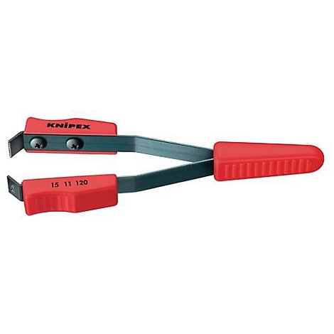 Pince à dénuder KNIPEX rouge. Porte l'inscription "KNIPEX" et des chiffres. La pince est ouverte.