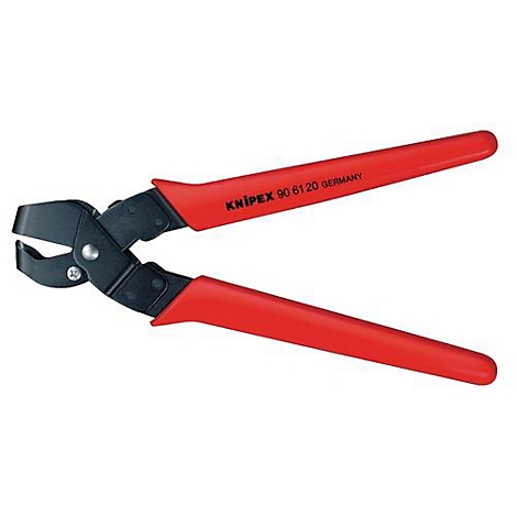 Pince à carreler Knipex rouge, ouverte sur fond blanc. L'inscription Knipex 90 61 20 Germany est visible.