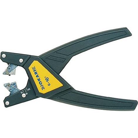 Pince à dénuder grise et jaune avec manche noir. Étiquette jaune avec l'inscription "JOKARI" et "6-16".